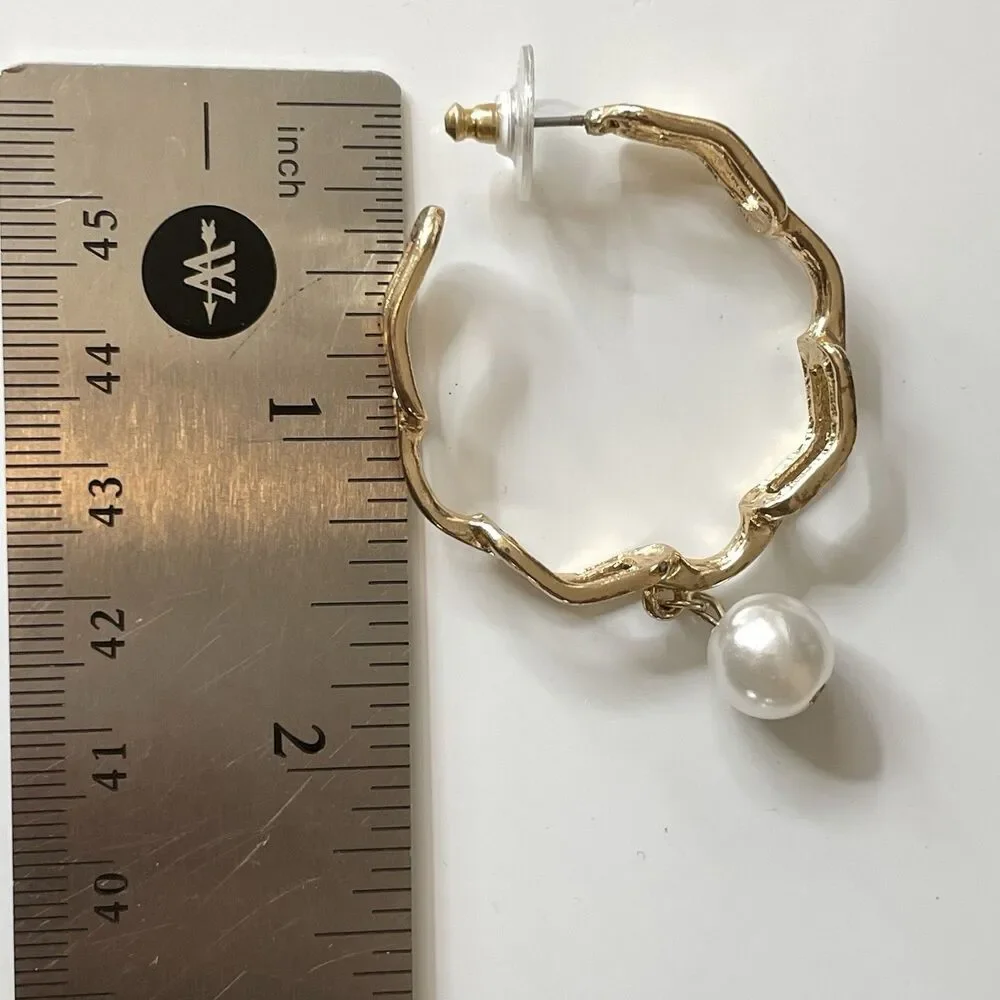 Statement Gold Tone Chain Hoop Faux Pearl Dangle Earrings Boho Fashion Boho